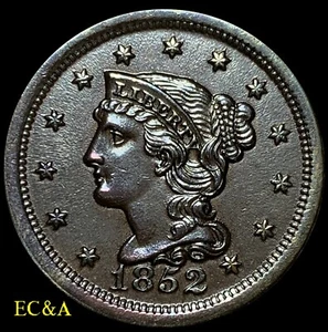1852 LARGE BRAIDED HAIR CENT UNCIRCULATED NEAR GEM (LC097) - Picture 1 of 2
