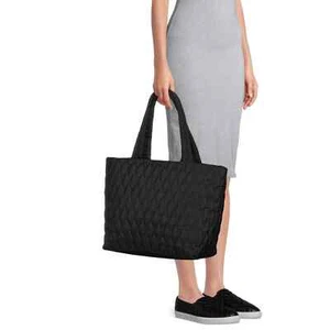 Time And Tru Women's Tara Black Quilted Nylon Twin Top Handles Tote Bag - Picture 1 of 5