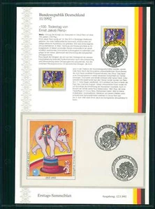 BRD ETSB 1992/11 ERSTTAGS-SAMMELBLATT ERNST JAKOB RENZ ZIRKUS PFERDE ELEFANT - Bild 1 von 2