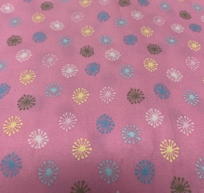 Scribbles Starburst Dandelion Fabric By Windham Blue Yellow White On Pink 1+ Yds - Image 1 of 4