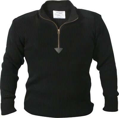 Black Acrylic Commando Military Quarter Zip Sweater with Suede Patches - Image 1 of 4