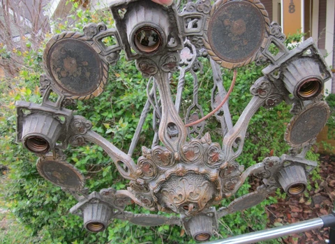 1910s Chandelier 6-Light Black Floral Hand Paint 20" Diam Arts & Crafts Mission Cover
