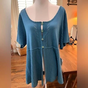 Woman short sleeve 4 button Beautiful Teal cardigan Crochet knit Soft Sz 3X NWT - Picture 1 of 7