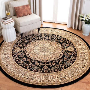 Lyndhurst Collection Area Rug - 7' Round, Black & Ivory, Traditional Oriental Me - Picture 1 of 3