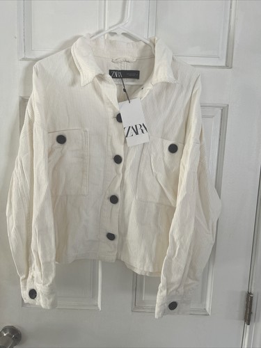 OFF WHITE Giacca Camicia Zara Off Velluto a velo bianco crop ""Shacket"" L Large Top Ragazze Donna