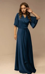 navy blue satin silk wrape maxi dress for women flared sleeve v neckline - Picture 1 of 10