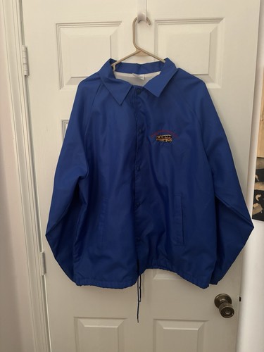Giacca blu vintage Family Motor Coach Asso taglia XL Auburn abbigliamento sportivo made in us