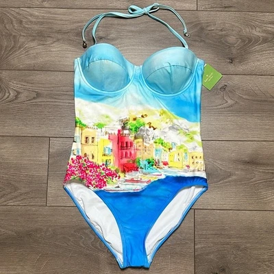 Traje de baño Kate Spade Ocean Grove con aros halter de una pieza azul rosa talla XL Foto 1 de 4