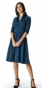 EShakti Custom Dress Teal Blue V-neck Gathered Waist Shift Dress Size L - Picture 1 of 8