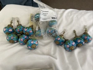 Ceramic Drawer Pull Knobs Polish Pottery Blue Flowers Set Of 7 - Picture 1 of 5