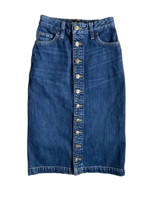 Lee 纽扣高腰 Midi 牛仔裙女式 24 码蓝色 70 年代雪 — 第 1/4 张图片