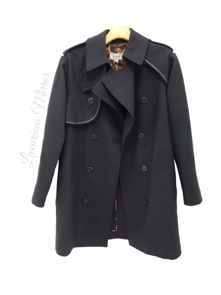 Coach Womens Sz 2 Black Wool Convertible Trench Coat Removable Cape Leather Trim