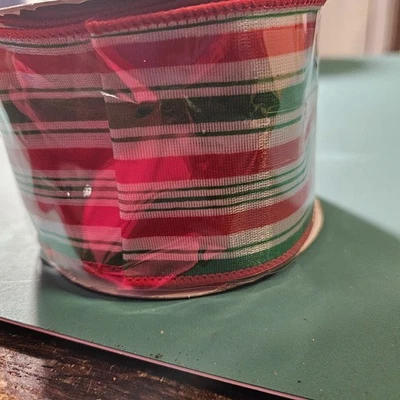 1 Roll RG Ribbon Red, White and Green Stripes Wired Ribbon - Image 1 of 3
