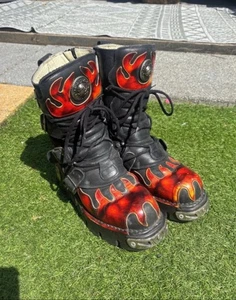 Vintage Flame Orange New Rock Punk Leather Biker Style Calf Height Boots - Picture 1 of 8