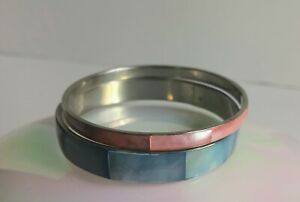 Two Vintage Mother of Pearl Shell Inlay Pink and Blue Stackable Bangle Bracelets