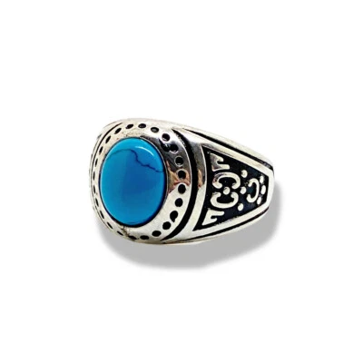 Anillo Hombre Acabado Oro Blanco Corte Ovalado Turquesa Creado Diamante Talla V Foto 1 de 4