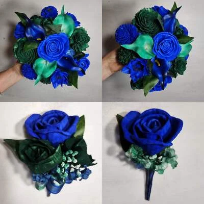 Ramo de novia azul real cazador rosa verde cala lirio sola accesorios Foto 1 de 4