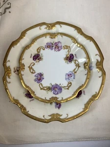 LS&S Limoge France Plate 9 Inch and Cake Plate Hand Painted Purple Flowers with - Picture 1 of 13