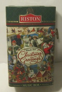 RISTON Black Tea CHRISTMAS GREETINGS Tin Music Box EXCELLENT Condition!!!! - Imagen 1 de 5