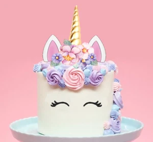 XL Unicorn Gold Horn Pink Flowers Edible Wafer Cake Topper Decoration Image 2D - Picture 1 of 4