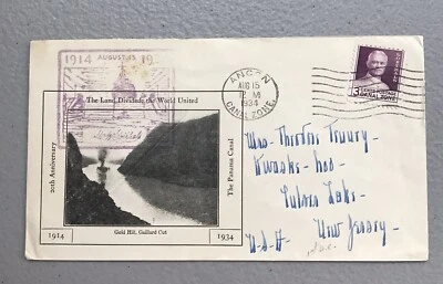 CANAL ZONE COVER 1934 1ST DAY ISSUE 20TH ANNIV PANAMA CANAL GOLD HILL  - Image 1 of 4
