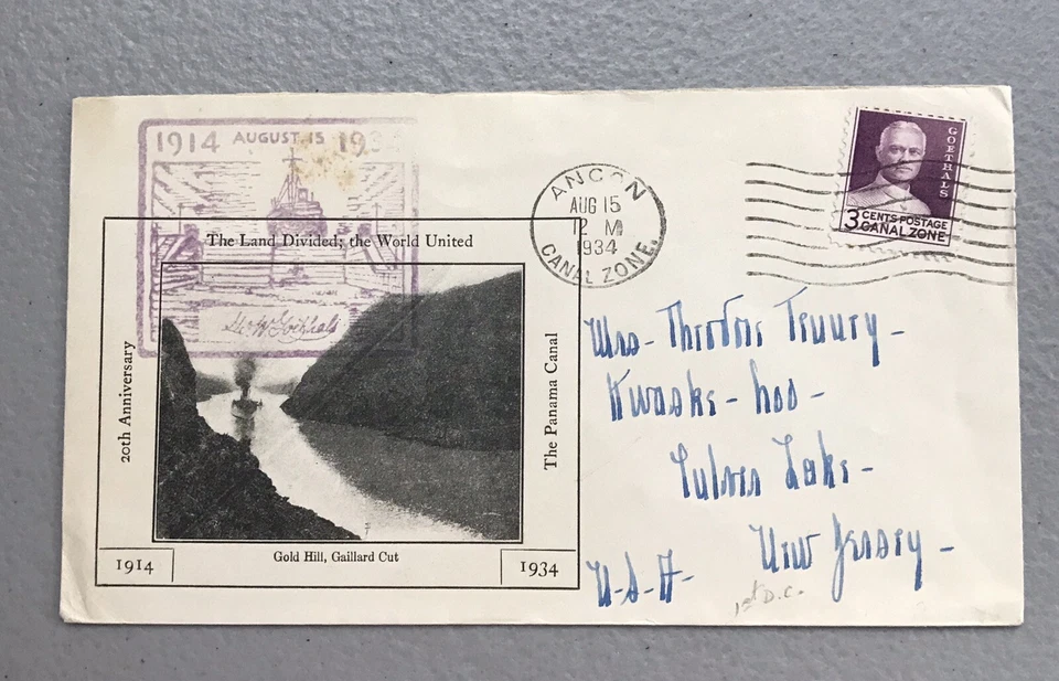 CANAL ZONE COVER 1934 1ST DAY ISSUE 20TH ANNIV PANAMA CANAL GOLD HILL  - Image 1 of 4