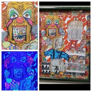 Arte enmarcado original firmado circo payaso coulrofobia UV BLACKLIGHT ACTIVE  - Imagen 1 de 9