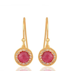 Sterling Silver Round Dangle Earrings With Paved Cz Zircon and Ruby Gemstone - Picture 1 of 5