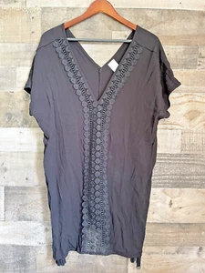Kona Sol Womens S Swim Cover Up Top Black Crinkle Sleeveless V Neck Tassels Lace - Picture 1 of 7