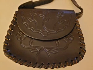 Chocolate Brown Tooled Genuine Leather Small Shoulder Purse Bag Indian - Picture 1 of 8