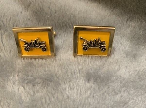 Vintage SWANK Antique Car Gold Square Yellow Enamel Cufflinks Signed - Picture 1 of 9
