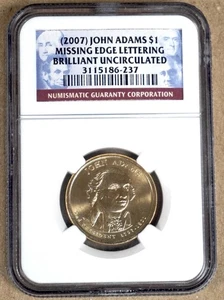 2007 JOHN ADAMS $1 DOLLAR, MISSING EDGE LETTERING, NGC BRILLIANT UNCIRCULATED - Picture 1 of 2