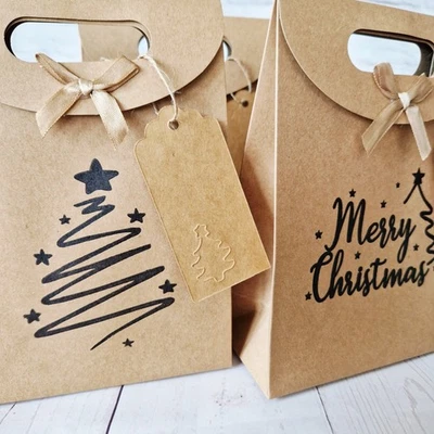 I&G Christmas Paper Gift Bag with Bow & Tag | Hand-Stamped Kraft Bag | Eco-Friendly