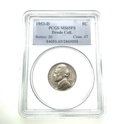 1953-D 5C Jefferson Nickel Graded by PCGS as MS65FS Full Steps Drude Colllection - Image 1 of 4