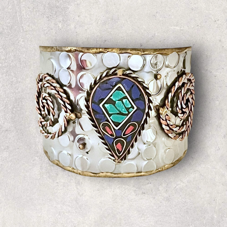 Brazalete Brazalete 2.25" W Tono Plata Simulado Semi Precioso Étnico Inspirado Tribal Foto 1 de 4