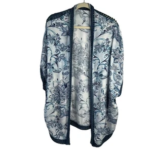 Chico’s Size S/M Kimono Floral Knit Trim Ruana Crochet Detail Blue Open Front - Picture 1 of 12