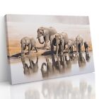 Family Of African Elephants Drinking At A Waterhole Canvas Wall Art Print Poster