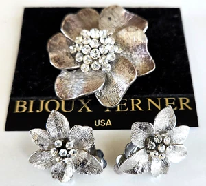 Vtg Clear Rhinestone Flower Silver Tone Pin in Bijoux Terner Card Clip Earrings - Picture 1 of 12