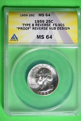 1959 - ANACS MS64 PROOF TYPE B REV FS-901 WASHINGTON QUARTER!! #B27205 - Image 1 of 2