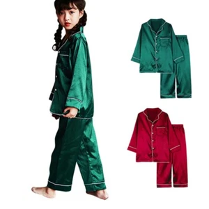3-10Y Boys Girls Long-Sleeve Silk Satin Pajamas 2pcs Set Tops & Pants Sleepwear - Picture 1 of 18