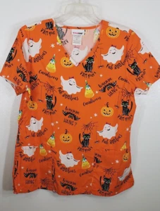 Scrubstar Women's M Halloween Scrub Top Orange Pumpkins Cats Ghosts - Picture 1 of 7