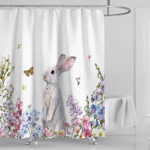 Spring Easter Bunny Shower Curtain Cute Rabbit Floral Plant Shower Curtains f... - Picture 1 of 5