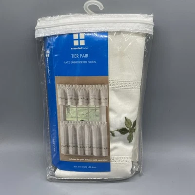 KMART необходимый дома ярус пара кружева вышитый цветочный белый шалфей зеленый новый из старых запасов винтажный - Изображение 1 из 4