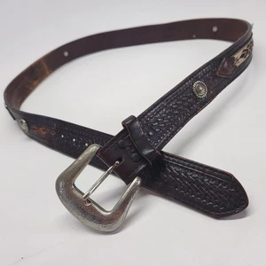 Concho Tooled Leather Belt 42 44 Western Basketweave Removable Buckle Brown - Picture 1 of 14