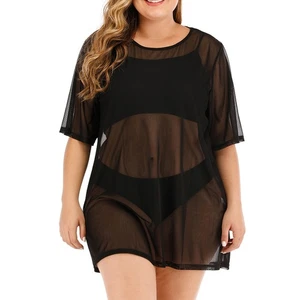 Plus Size Womens Lace Mesh Mini Dress See Through Sarong Beach Bikini Cover Up - Picture 1 of 13