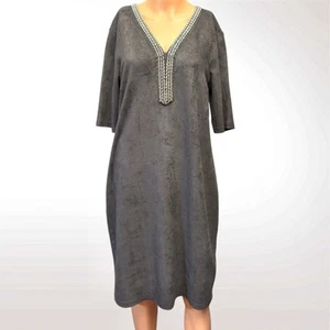 Spense Soft Gray Suede Shimmering Silver Rhinestone Plunge Shift Dress Sz 14 - Picture 1 of 13