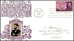 Scott 946 3 Cents Pulitzer Crosby FDC Addressed Planty 946-39 - Bild 1 von 2