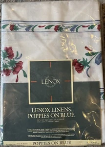 New Vintage Tablecloth Lenox Poppies On Blue Square 52 X 52 Floral RN 21581 - Picture 1 of 7