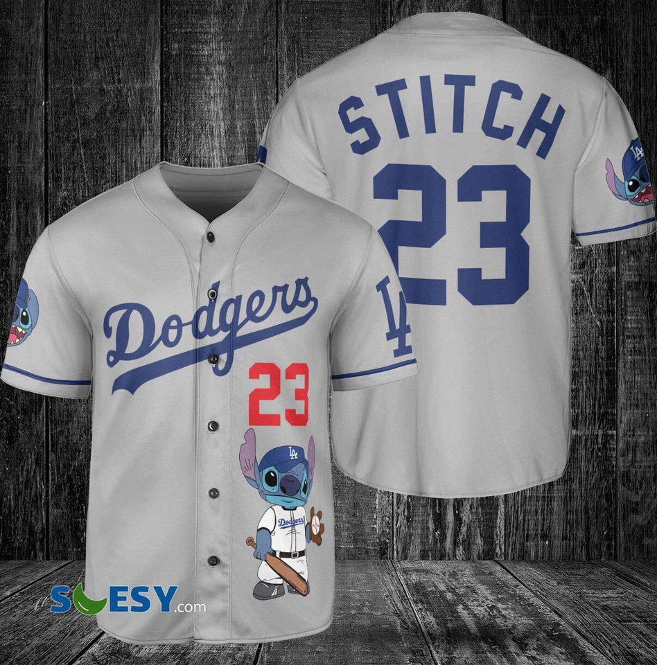 Camiseta deportiva de béisbol Los#Angeles Dodgers Lilos.Stitch gris estilo S-5XL para fanáticos Foto 1 de 4