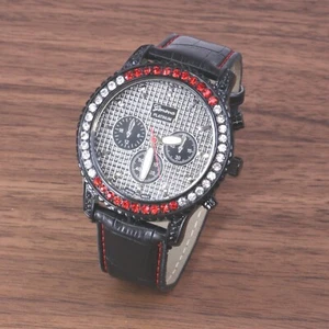 Geneva Platinum  Hip Hop Clubbing Black Leather Band New Clear & Red Crystals - Picture 1 of 15